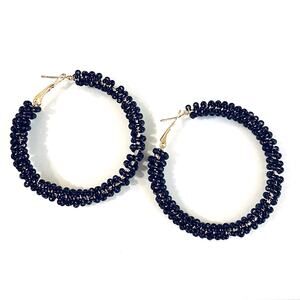 Black Beaded Hoop Earrings 2"